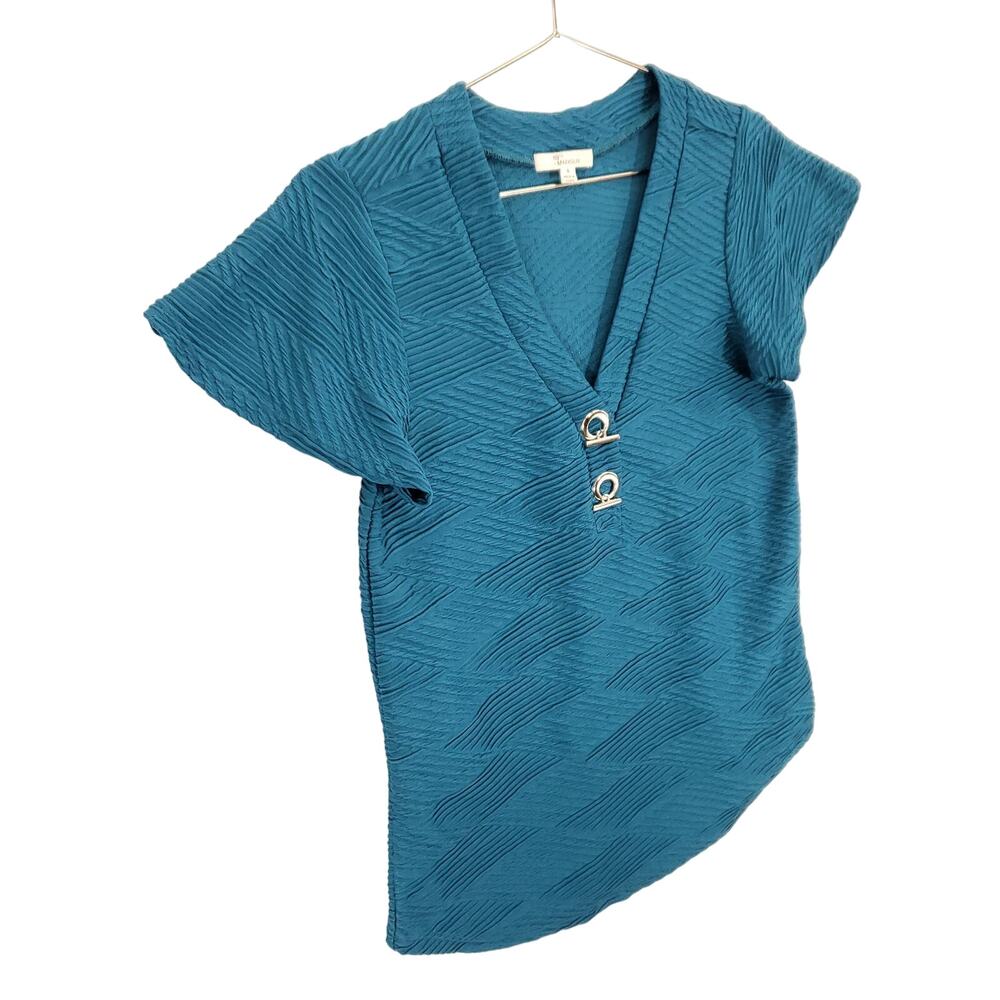 89th & Madison Blouse Womens Small Teal Short Sleeve Accented V Neck Chic Top - Picture 6 of 11